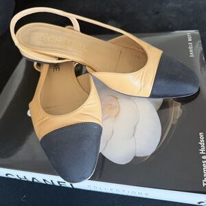CHANEL Beige Leather Slingback Flats with Black Toe Caps